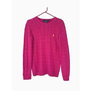 Vintage Ralph Lauren Medium Hot Pink Cable-Knit Sweater Yellow Pony Y2K Preppy